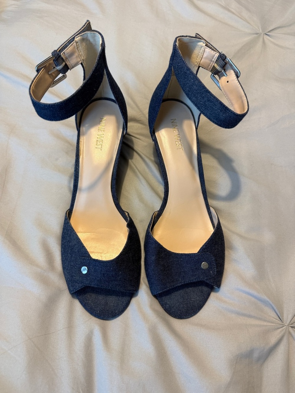 Nine West Dark Blue Denim Open-Toe Ankle-Strap Heels